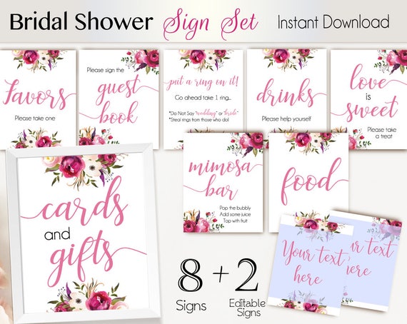 Bridal Shower Sign Set, Bridal Shower Sign Package Set Bundle, Printable Bridal Sign, Bridal Tea Sign, Pink Floral Sign, Editable Sign