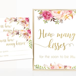 How many kisses for the soon to be mrs, Blush Bloom Pink Gold How many kisses cards and sign, Bridal Shower How many kisses instant download