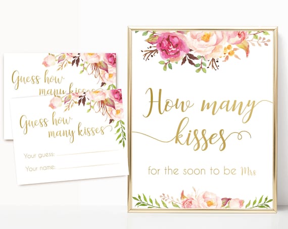 How many kisses for the soon to be mrs, Blush Bloom Pink Gold How many kisses cards and sign, Bridal Shower How many kisses instant download