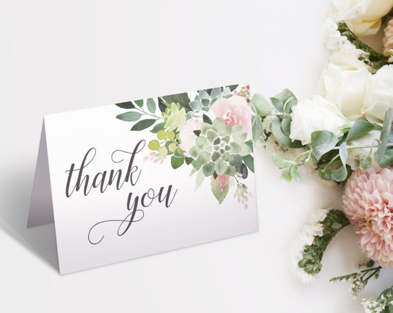 Thank you Card Bridal Shower, Bridal Shower Printable, Succulent Dusty Rose Floral, Thank You Card, Thank you Card folded