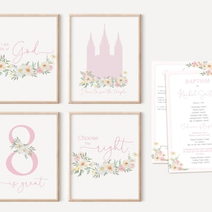Puede incluir: Cuatro impresiones de arte de pared imprimibles con diseños florales y acentos rosados. Las impresiones presentan las frases "Soy un hijo de Dios", "Me encanta ver el templo", "Elige lo correcto" y "8 es genial".