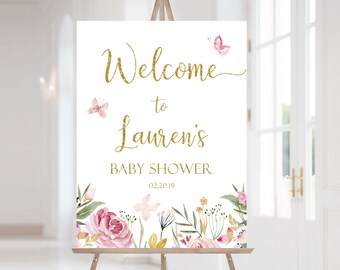 Welcome Sign Baby Shower Template, Editable Baby Shower Printable, Instant Download, Baby shower Butterfly flowers floral, Corjl