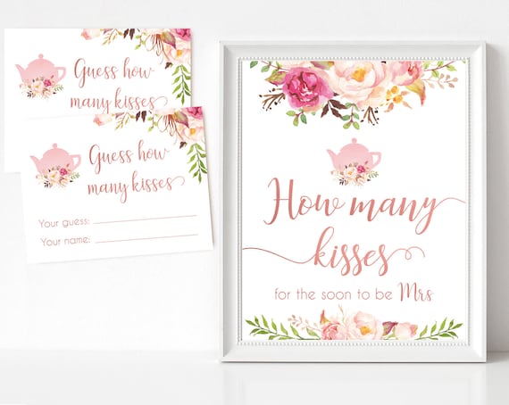 How many kisses for the soon to be Mrs, Blush Bloom Pink Rose Gold Tea Pot, How many kisses cards and sign Bridal Tea How many kisses