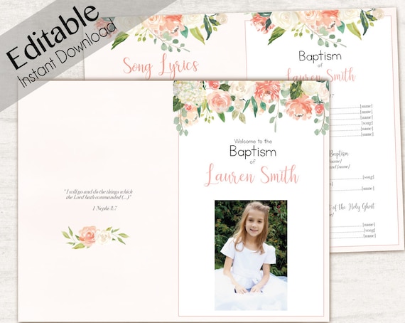 Baptism Program, Editable PDF, Printable Digital Handout Girl Baptism, peach flowers, Girl Baptism, white, Baptism Program Template