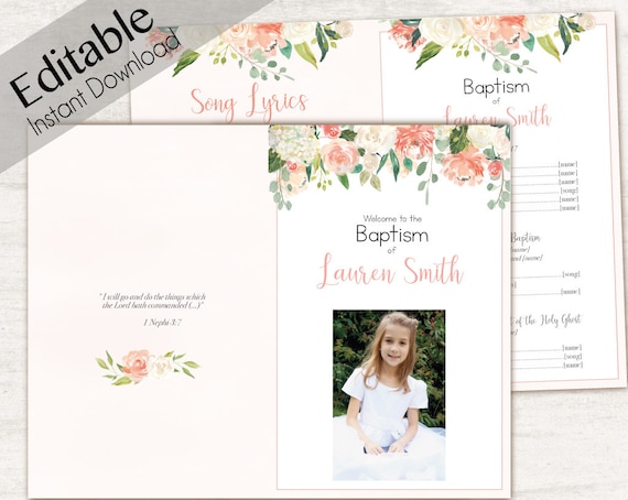 Baptism Program, Editable PDF, Printable Digital Handout Girl Baptism, peach flowers, Girl Baptism, white, Baptism Program Template