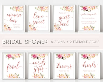 Bridal Shower Sign Set, Bridal Shower Sign Package Bundle, Bridal Tea Sign, Romantic Blooms Rose Floral Rose Gold Editable Sign 5x7 8x10