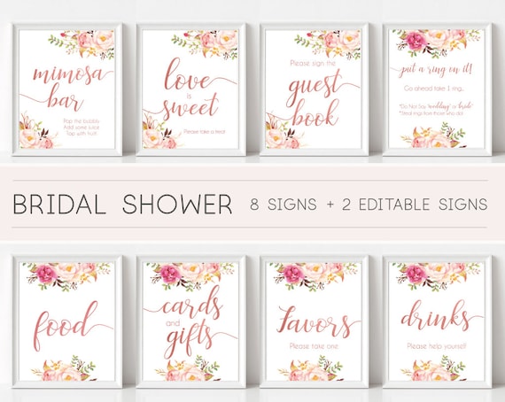 Bridal Shower Sign Set, Bridal Shower Sign Package Bundle, Bridal Tea Sign, Romantic Blooms Rose Floral Rose Gold Editable Sign 5x7 8x10