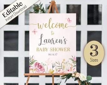 Welcome Sign Baby Shower Template, Editable Baby Shower Printable, Instant Download,  Baby Shower Sign, Baby shower Butterfly flowers floral