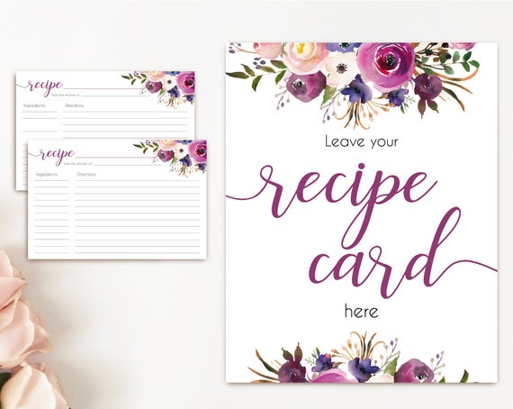 Recipe Cards Bridal Shower, Recipe Sign, Recipe Card Printable Lavender Purple Flower, Recipe Card Floral INSTANT DOWNLOAD Printable 4x6