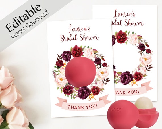 Editable EOS Lip Balm, Thank You Tags Floral, EOS tags, EOS Bridal Shower, Favors Bachelorette, Marsala Burgundy Peonies Floral, Party Favor