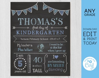 Back to School Sign, First/Last Day of School Sign, First day of School Chalkboard Editable school sign, Chalkboard Boy, Blue Sign, Corjl