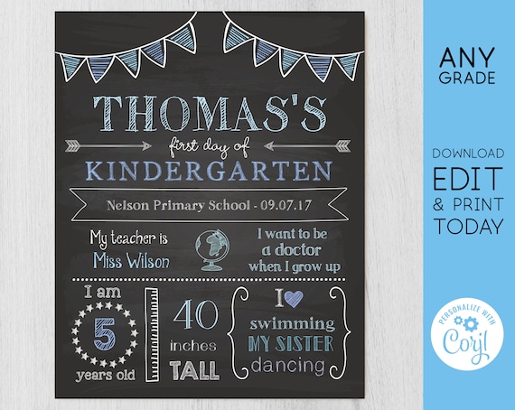 Back to School Sign, First/Last Day of School Sign, First day of School Chalkboard Editable school sign, Chalkboard Boy, Blue Sign, Corjl