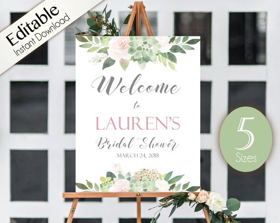 Succulent Welcome Sign Bridal Shower, Template Bridal Shower, Editable PDF, Welcome Bridal Shower Sign Succulent Dusty Rose Flowers