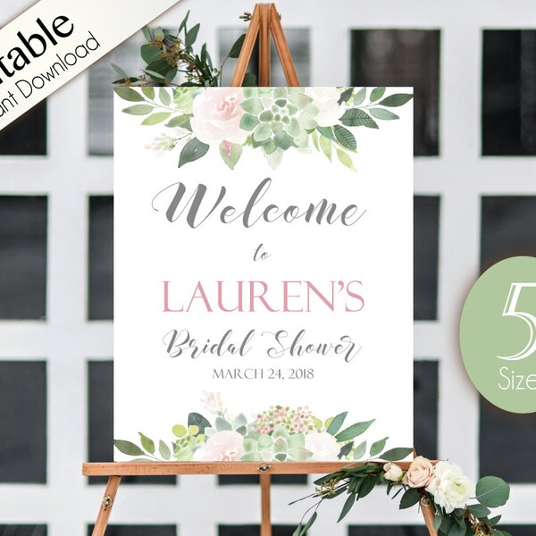 Succulent Welcome Sign Bridal Shower, Template Bridal Shower, Editable PDF, Welcome Bridal Shower Sign Succulent Dusty Rose Flowers