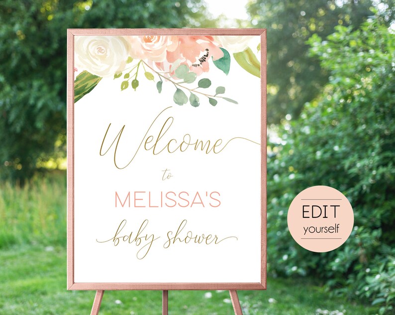 Puede incluir: Un cartel de bienvenida imprimible para un baby shower con un dise&ntilde;o floral en tonos rosa, blanco y verde. El cartel dice "Bienvenido a la fiesta de bienvenida de Melissa".