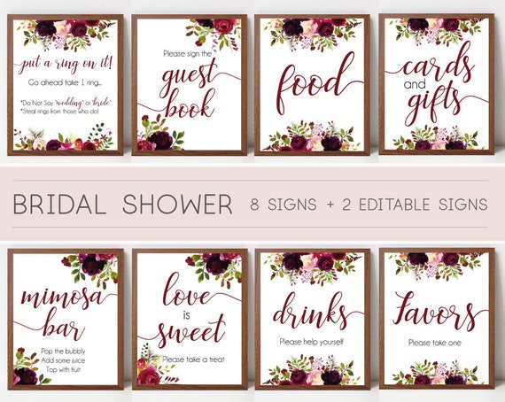 Bridal Shower Sign Set, Bridal Shower Sign Package Bundle, Printable Bridal Tea Sign, Burgundy Boho Marsala Floral Sign, Editable Sign