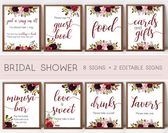 Bridal Shower Sign Set, Bridal Shower Sign Package Bundle, Printable Bridal Tea Sign, Burgundy Boho Marsala Floral Sign, Editable Sign