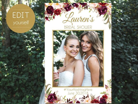 Bridal Shower Photo Booth Frame, Photo Prop Frame, Birthday Photo Booth Prop, Editable PDF, Marsala Burgundy Blush Floral Gold