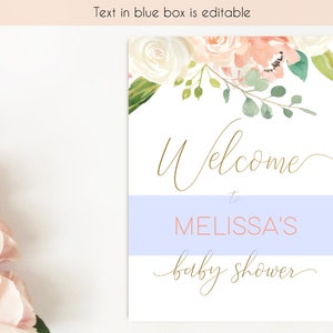 Puede incluir: Un cartel de bienvenida para un baby shower con un dise&ntilde;o floral. El cartel dice "Bienvenido al baby shower de Melissa".