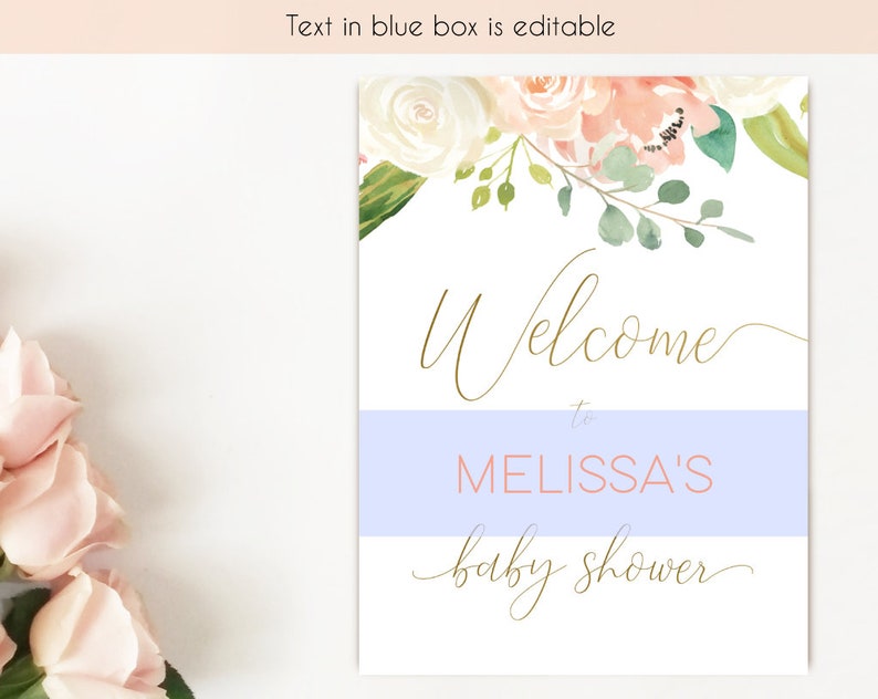 Puede incluir: Un cartel de bienvenida para un baby shower con un dise&ntilde;o floral. El cartel dice "Bienvenido al baby shower de Melissa".