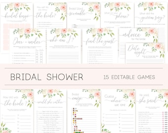 Bridal Shower Games, Bridal Shower Games Bundle, Romantic Blush Pink White Flowers, Editable Games, Wedding Shower Games