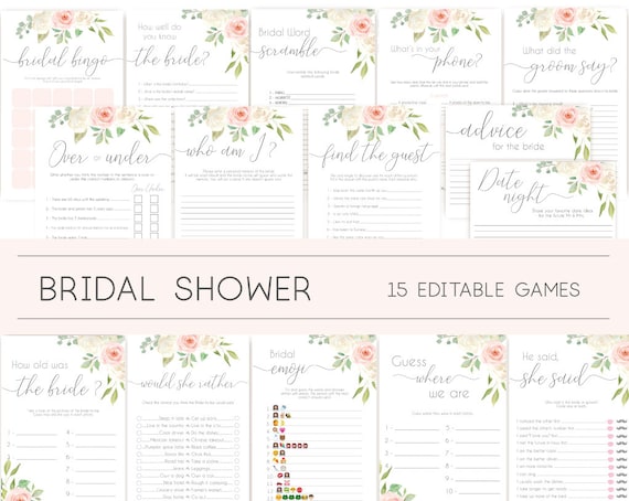 Bridal Shower Games, Bridal Shower Games Bundle, Romantic Blush Pink White Flowers, Editable Games, Wedding Shower Games