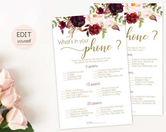 Bridal Shower game, Baby Shower Game, What's in your phone Editable PDF Bridal Shower, Marsala Burgundy Flowers Gold, Editable Game