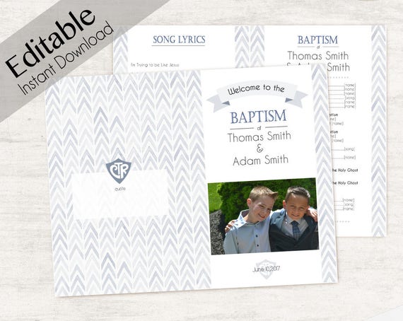 Baptism Program, Editable PDF, twins, two names, Printable Digital, Songs Handout Boy Baptism photo, Blue Grey  Watercolor, Program Photo