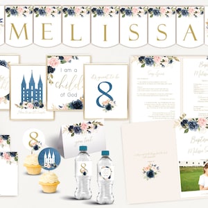 Taufe Mädchen Kit, bearbeitbares HLT-Taufprogramm, Cupcake Toppers, Wasserflasche Wraps, Notizkarte, Poster Taufe, Banner, navy gold blush
