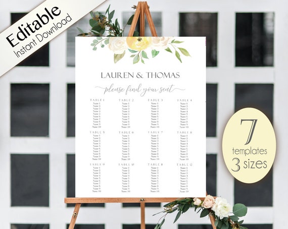 Wedding Seating Chart Template, 7 templates, Editable Wedding Table Seating Chart Poster Sign, PDF Instant Download, white yellow flowers