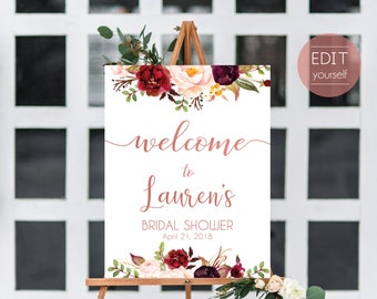 Welcome Sign Bridal Shower, Editable PDF ANY EVENT Bridal Baby Wedding Baptism Birthday Shower Sign, Marsala Burgundy Blush Floral Rose Gold