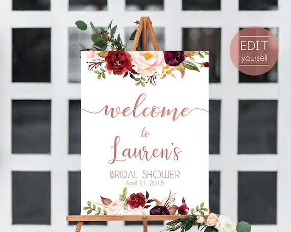 Welcome Sign Bridal Shower, Editable PDF ANY EVENT Bridal Baby Wedding Baptism Birthday Shower Sign, Marsala Burgundy Blush Floral Rose Gold