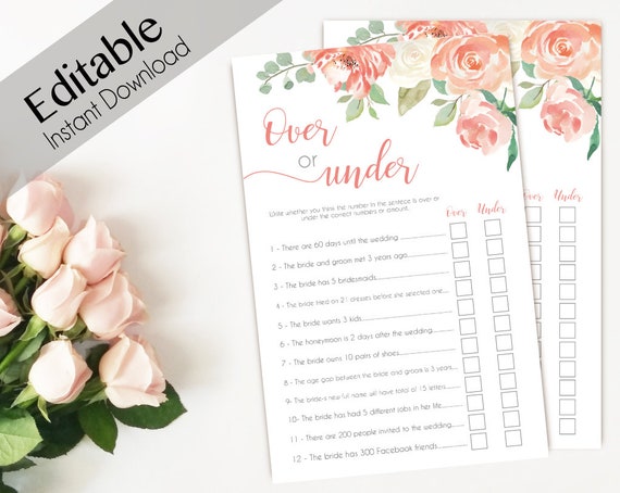 Bridal Shower Game Over or Under Editable PDF Bridal Shower Peach Watercolor Flowers, Editable Game, Over or Under Game