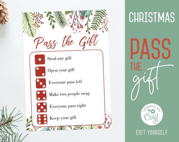 Christmas Gift Exchange game, Editable Christmas Pass the Gift Game, Christmas Template, Holiday party games, Christmas printable, Corjl