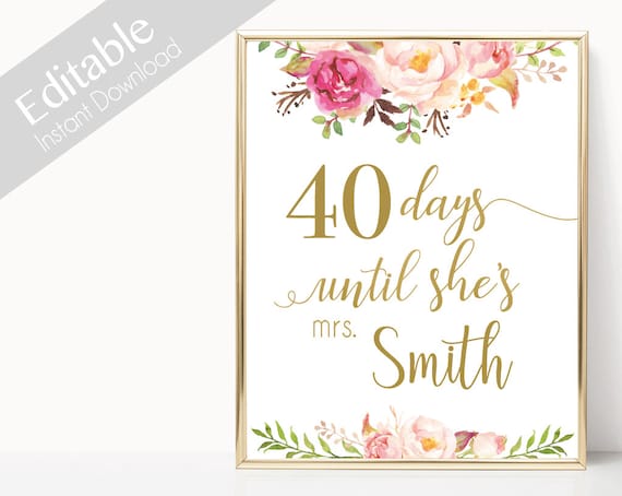 Bridal Shower Countdown Sign Printable, Editable PDF, Days Until She's Mrs, Bridal Shower Sign, Romantic Blooms Rose Floral Gold Sign,