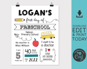 Editable Back to School Sign, First/Last Day of School Sign, Printable First and Last Day of School Sign Template with Child Details, Corjl