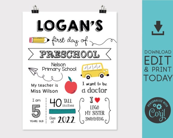 Editable Back to School Sign, First/Last Day of School Sign, Printable First and Last Day of School Sign Template with Child Details, Corjl