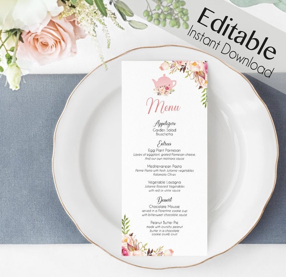 Editable Menu Bridal Tea, Editable Party Menu, Printable Menu, Romantic Blooms Rose Floral, Tea pot, Event Menu, Editable Floral Menu Card