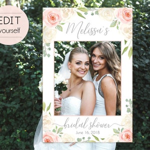 Bridal Shower Photo Booth Frame, Photo Prop Frame, Photo Booth Prop, Instant Download, Editable PDF, Romantic White Blush Pink Floral