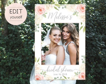 Bridal Shower Photo Booth Frame, Photo Prop Frame, Photo Booth Prop, Instant Download, Editable PDF, Romantic White Blush Pink Floral