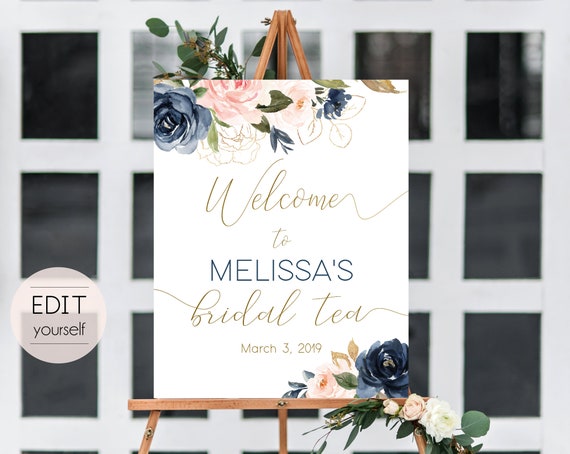 Welcome Sign Bridal Tea Template, Editable PDF, Editable Navy Gold Dusty Rose Floral Bridal Tea Welcome Sign, Printable Bridal Tea, BG01