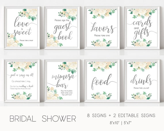 Bridal Shower Sign Set, Bridal Shower Sign Package Bundle, Printable Bridal Tea Sign, Teal silver white flowers, Editable Sign