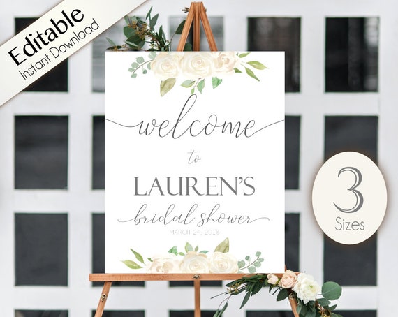 Welcome Sign Bridal Shower, Template Bridal Shower, Editable PDF, Welcome Bridal Shower Sign Romantic White Floral, Editable Sign