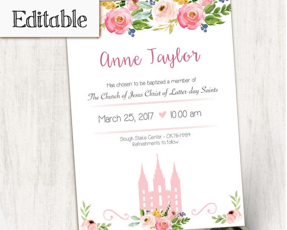 Baptism Invitation, Editable PDF,  Editable file, Instant Download, Girl Invitation flowers temple, LDS Baptism Invite, No Photo Needed