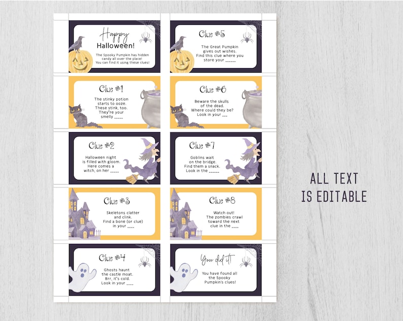 Halloween Treasure Hunt Clues, Editable Halloween Scavenger Hunt Clue Cards, Halloween Game Files, Printable Kids Treasure Hunt, Corjl image 2
