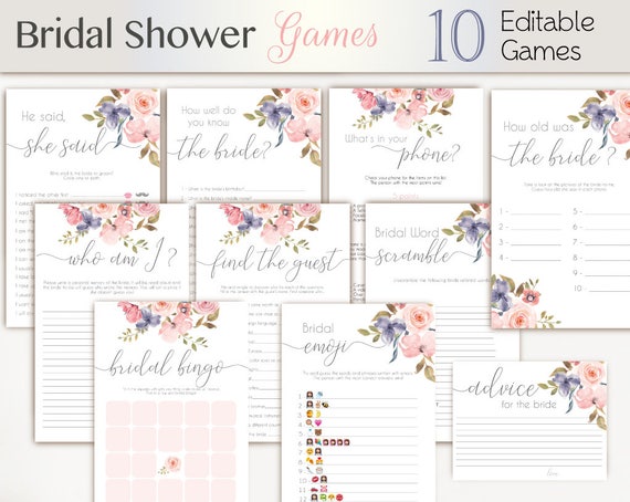 Bridal Shower Games Romantic Blush Pink Grey Niagara Flowers Editable Bridal Shower Games Package Set Bundle Clear Pink Floral Game Set,