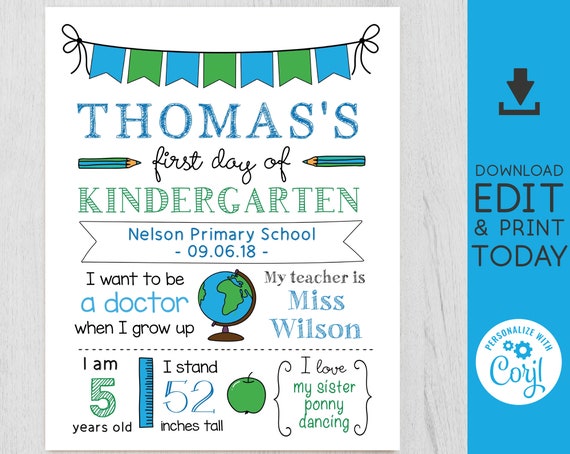Back to School 2025, First/Last Day of School Sign, Back to School Template, 1st day of school, Chalkboard Editable, Blue Sign, White, Corjl