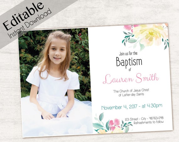 Baptism Invitation, Editable PDF, Girl Invitation pink watercolor, Baptism Invite, Photo, Girl Baptism announcements, Baptism Template