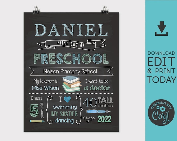 Back to School Sign, First/Last Day of School Sign, First day of School Chalkboard Editable school sign, Chalkboard Boy, Blue Stars, Corjl