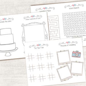 May include: A printable wedding activity booklet with a black and white design. The booklet includes activities such as decorating a cake, drawing a picture, playing tic-tac-toe, solving a word search, and drawing pictures of a wedding.